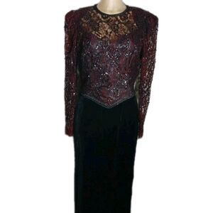 Jessica McClintock 80s Velvet Lace Dress Elegant Black Burgundy Womens Size 12